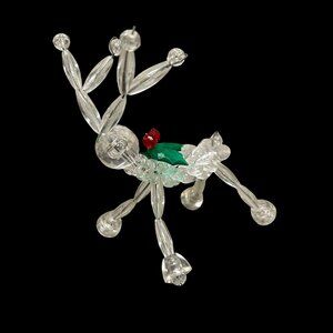 Vintage 1970s Clear Plastic Beaded Holly Berry Reindeer Christmas Ornament
